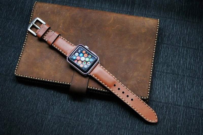 AWBF90-D60-GOLD handgefertigt Vintage Leder Uhrenarmband incl. Lugs Adapter für Apple Watch 1 und 2 (oder Apple Watch Sport) 42mm oder 38mm